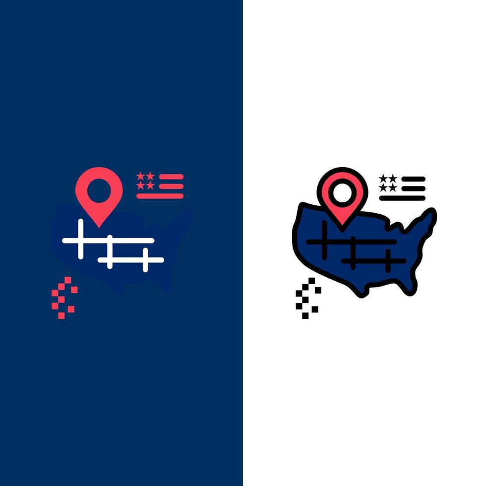 mapa de ubicación iconos americanos plano y conjunto de iconos llenos de línea vector fondo azul