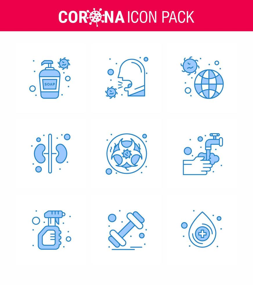 Coronavirus Prevention Set Icons 9 Blue icon such as organ human sick virus infection viral coronavirus 2019nov disease Vector Design Elements