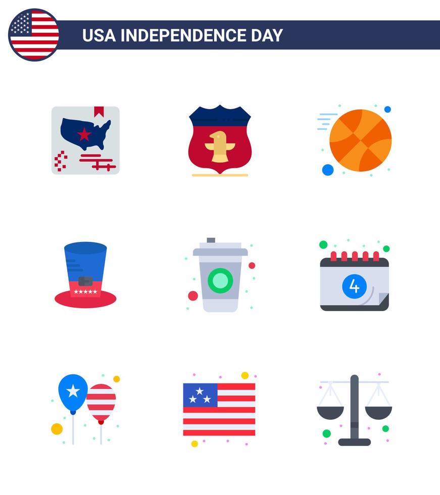 9 USA Flat Pack of Independence Day Signs and Symbols of drink bottle basketball usa hat Editable USA Day Vector Design Elements