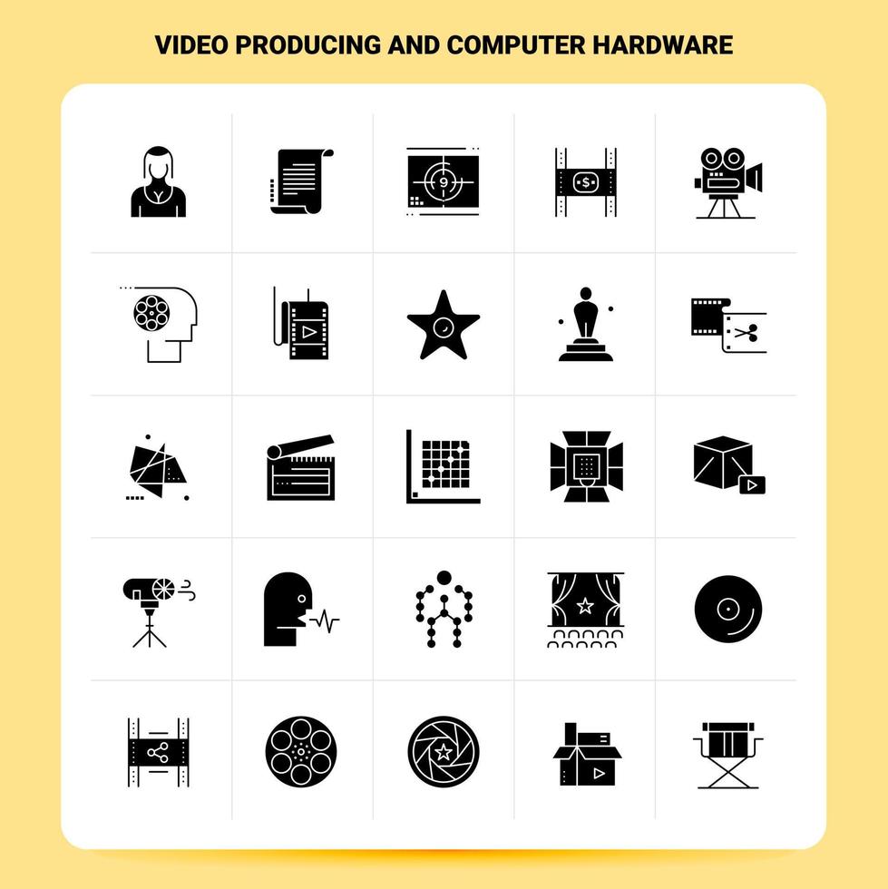 Solid 25 Video Producing And Computer Hardware Icon set Vector Glyph Style Design Black Icons Set Web and Mobile Business ideas design Vector Illustration