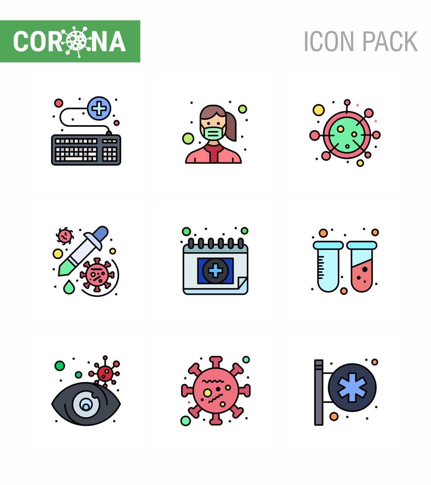 Corona virus 2019 and 2020 epidemic 9 Filled Line Flat Color icon pack such as dropper drug safety microorganism covid viral coronavirus 2019nov disease Vector Design Elements