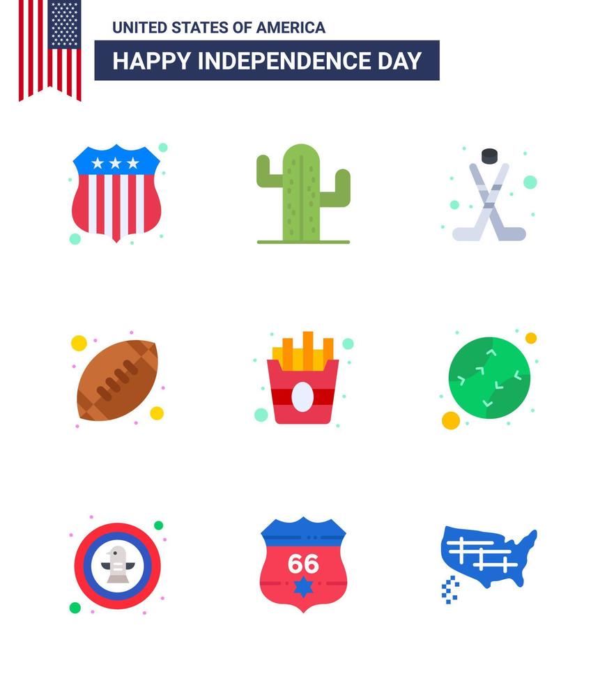 Happy Independence Day Pack of 9 Flats Signs and Symbols for fries fast hokey american ball rugby Editable USA Day Vector Design Elements