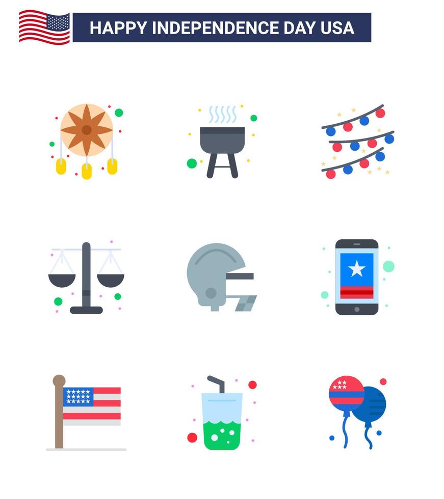 Flat Pack of 9 USA Independence Day Symbols of cell football party decoration american law Editable USA Day Vector Design Elements