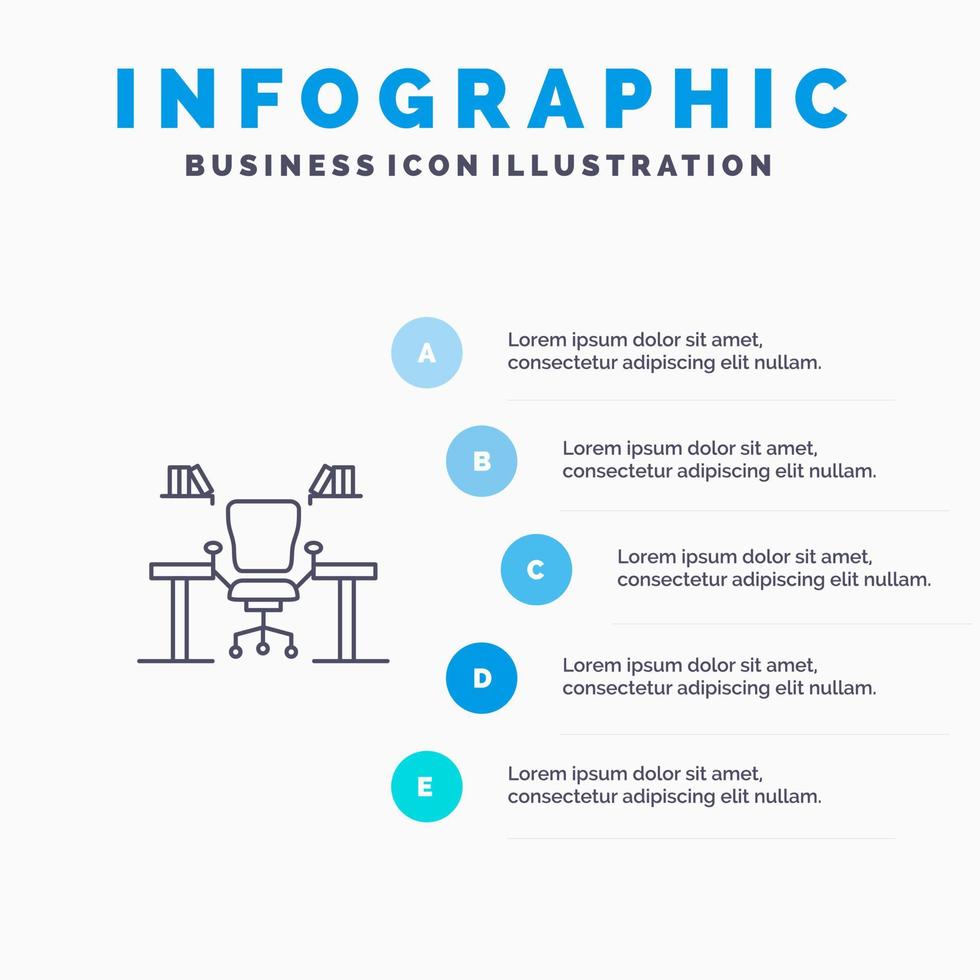 mesa negocio silla computadora escritorio oficina lugar de trabajo línea icono con 5 pasos presentación infografía fondo vector