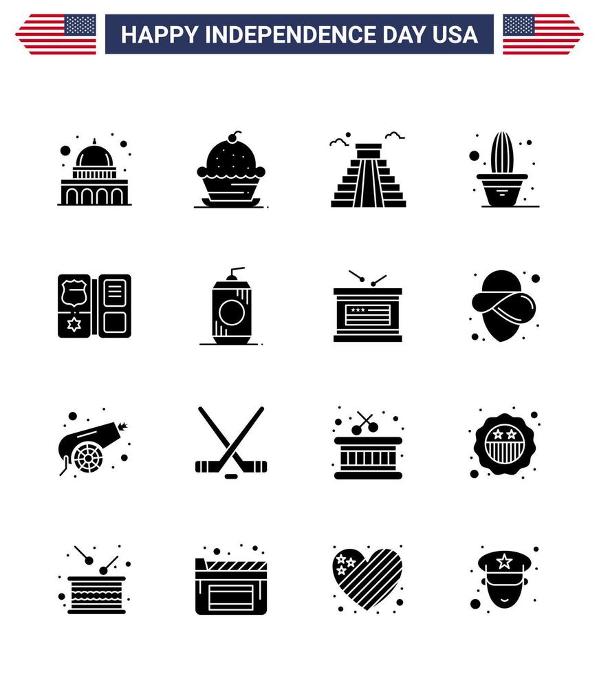 Happy Independence Day USA Pack of 16 Creative Solid Glyphs of book plant thanksgiving flower usa Editable USA Day Vector Design Elements