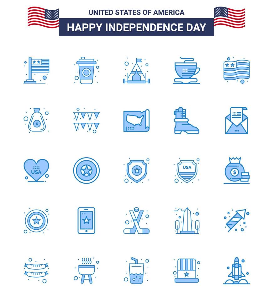 Blue Pack of 25 USA Independence Day Symbols of money usa camping flag coffee Editable USA Day Vector Design Elements