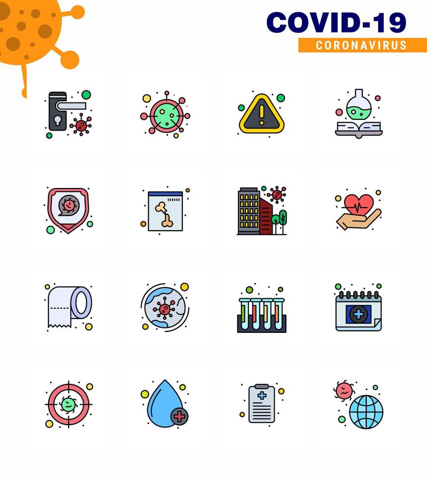 Covid19 icon set for infographic 16 Flat Color Filled Line pack such as protection medicine book microorganism medical virus viral coronavirus 2019nov disease Vector Design Elements