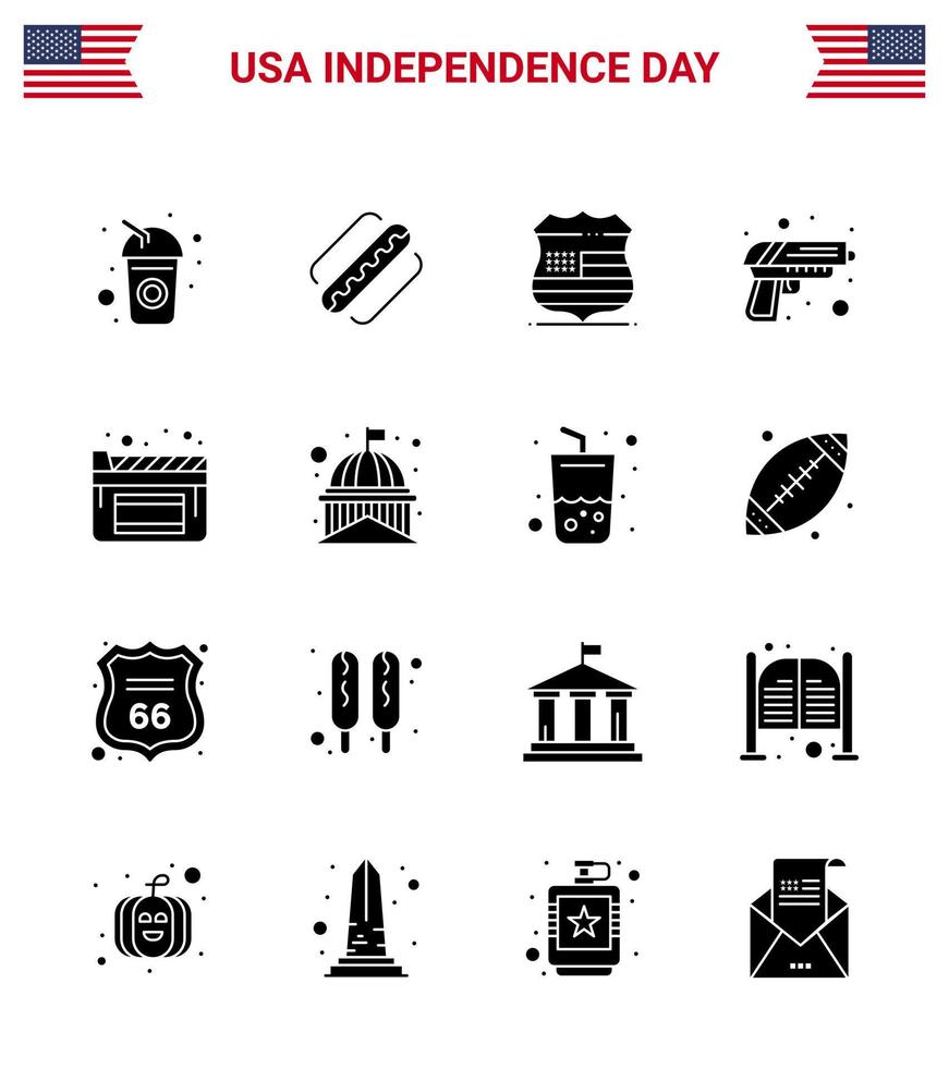 Stock Vector Icon Pack of American Day 16 Solid Glyph Signs and Symbols for movies weapon shield army gun Editable USA Day Vector Design Elements