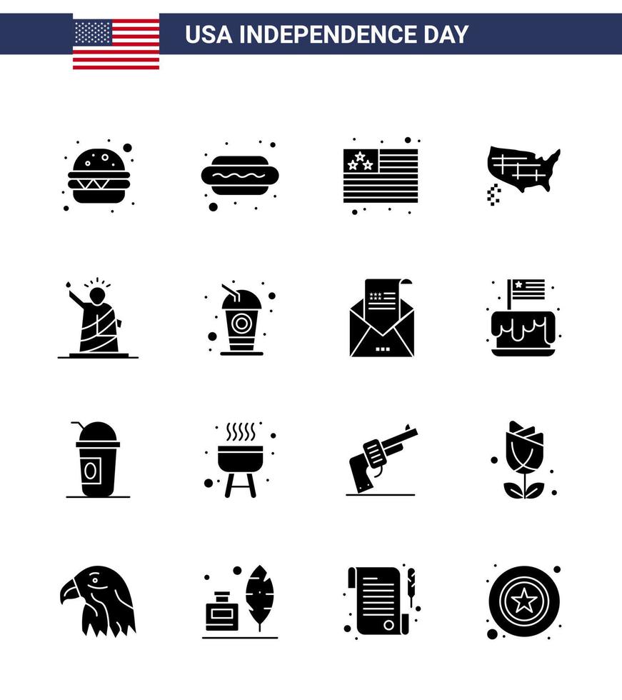 Big Pack of 16 USA Happy Independence Day USA Vector Solid Glyphs and Editable Symbols of statue liberty flag landmarks united Editable USA Day Vector Design Elements