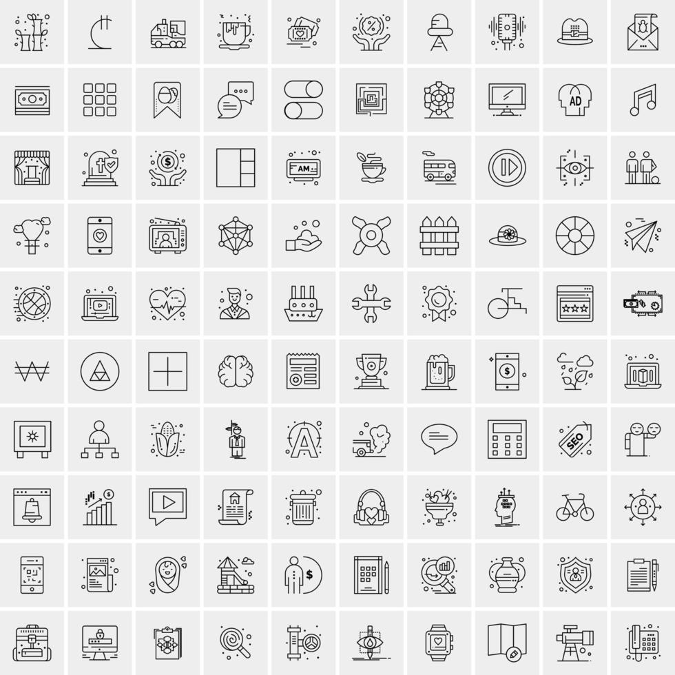 100 Universal Black Line Icons on White Background vector