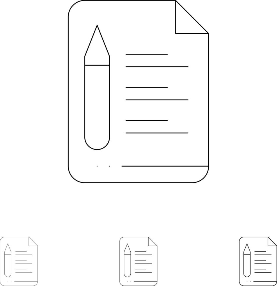 File Text Education Pencil Bold and thin black line icon set vector