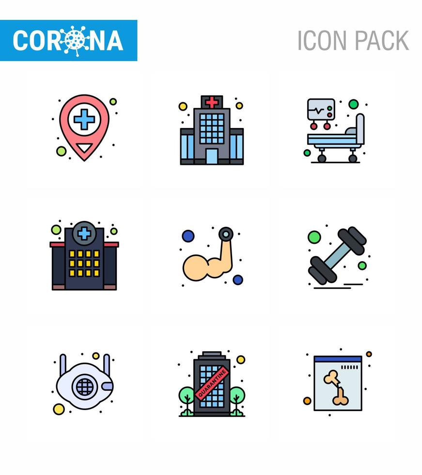 Coronavirus awareness icons 9 Filled Line Flat Color icon Corona Virus Flu Related such as hand layer icu nursing hospital viral coronavirus 2019nov disease Vector Design Elements