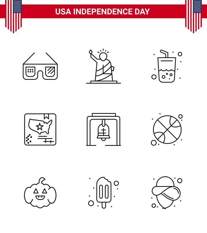 Editable Vector Line Pack of USA Day 9 Simple Lines of alert map usa flag cola Editable USA Day Vector Design Elements