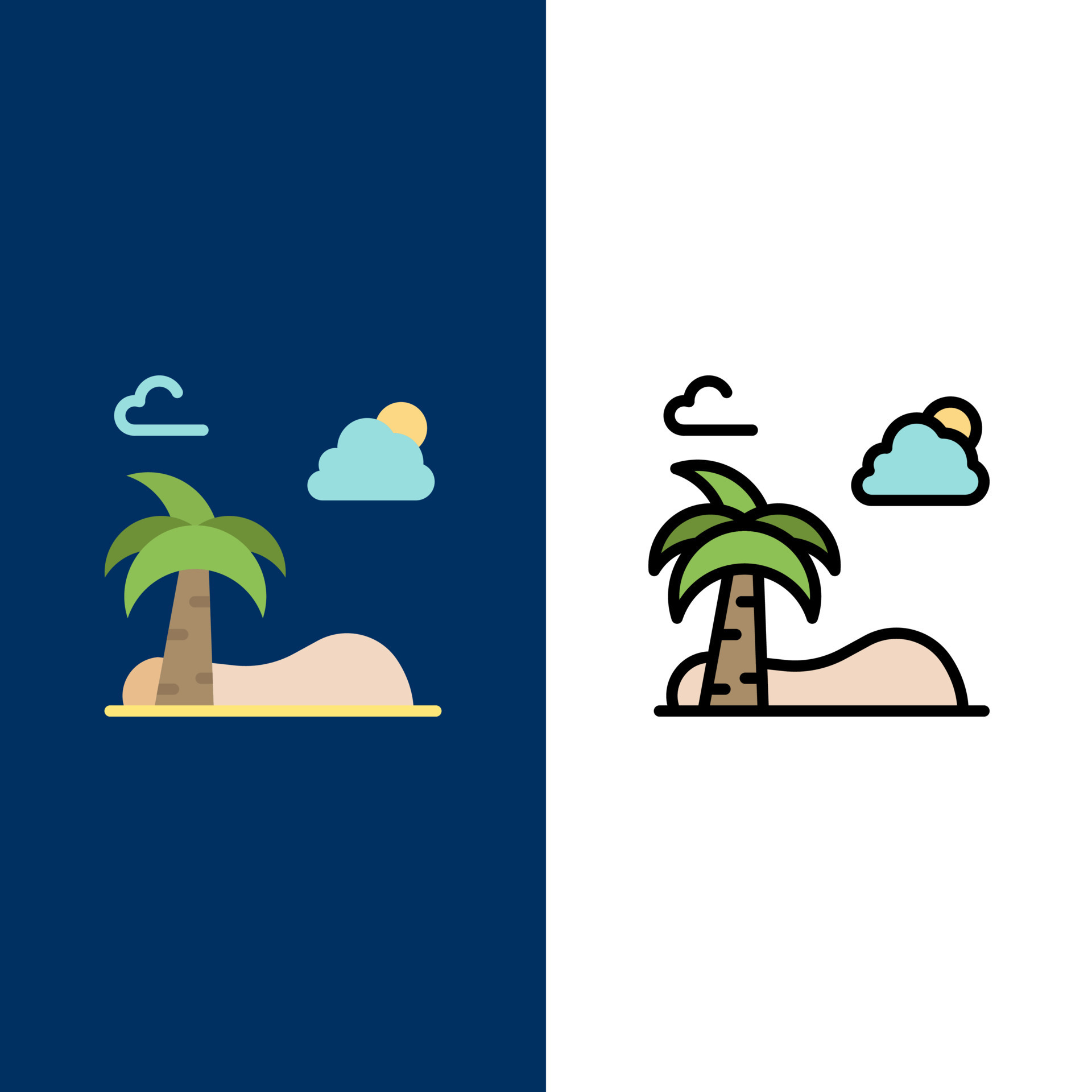 Beach Palm Tree Spring Icons Flat and Line Filled Icon Set Vector Blue ...