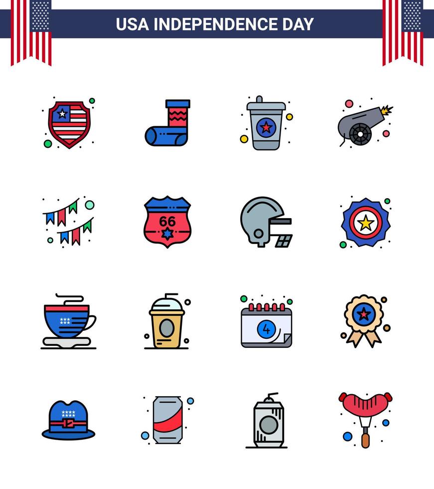 grupo de 16 líneas rellenas planas establecidas para el día de la independencia de los estados unidos de américa, como empavesados de fiesta, bebida, guerra americana, elementos de diseño vectorial editables del día de estados unidos vector