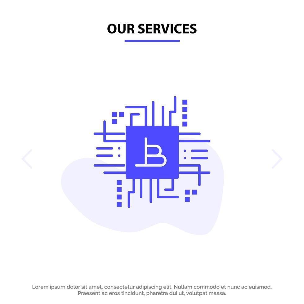 Our Services Money Industry Bitcoin Computer Finance Solid Glyph Icon Web card Template vector