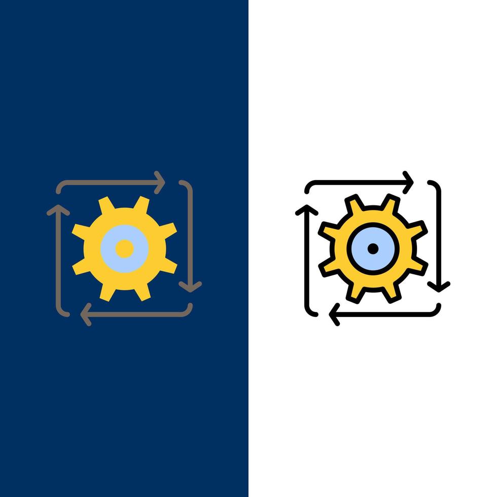 flujo de trabajo automatización desarrollo flujo operación iconos plano y línea llena conjunto de iconos vector fondo azul