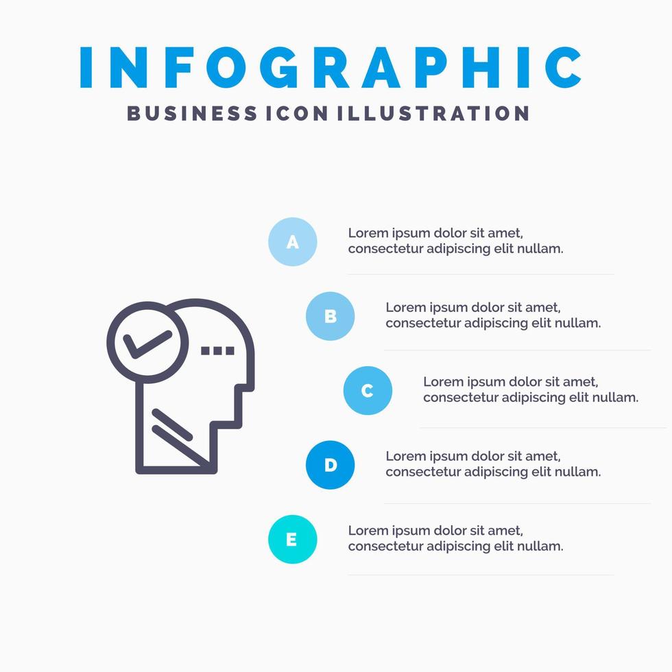 icono de línea de pensamiento de solución de cabeza mental con fondo de infografía de presentación de 5 pasos vector