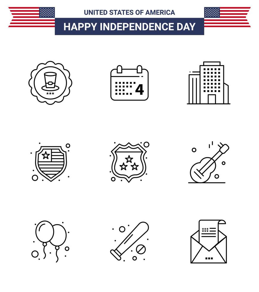 Stock Vector Icon Pack of American Day 9 Line Signs and Symbols for police security building american protection Editable USA Day Vector Design Elements