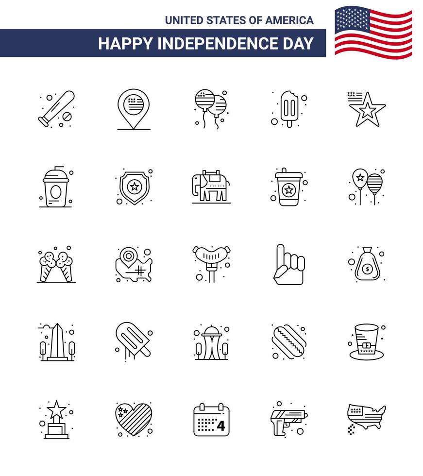 Group of 25 Lines Set for Independence day of United States of America such as american cream sign popsicle american Editable USA Day Vector Design Elements