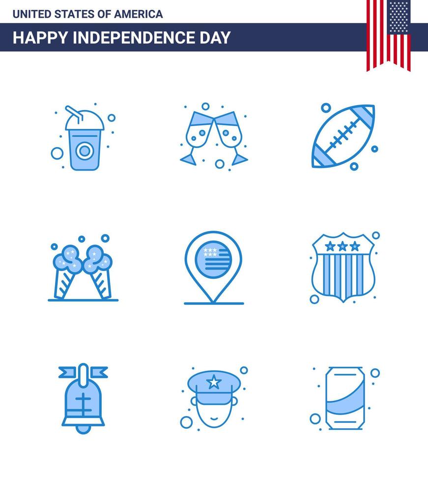Pack of 9 creative USA Independence Day related Blues of map american footbal american ice Editable USA Day Vector Design Elements