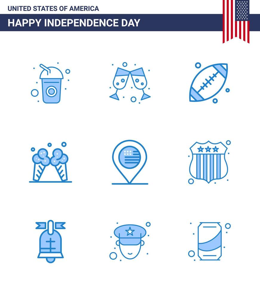 paquete de 9 creativos estados unidos día de la independencia relacionados con blues of map american footbal american ice elementos editables de diseño vectorial del día de estados unidos vector