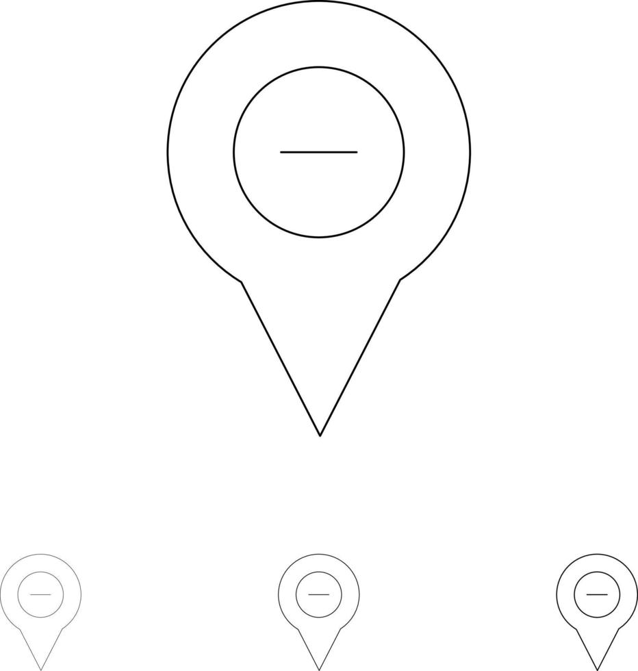 pin de navegación del mapa de ubicación menos conjunto de iconos de línea negra en negrita y delgada vector