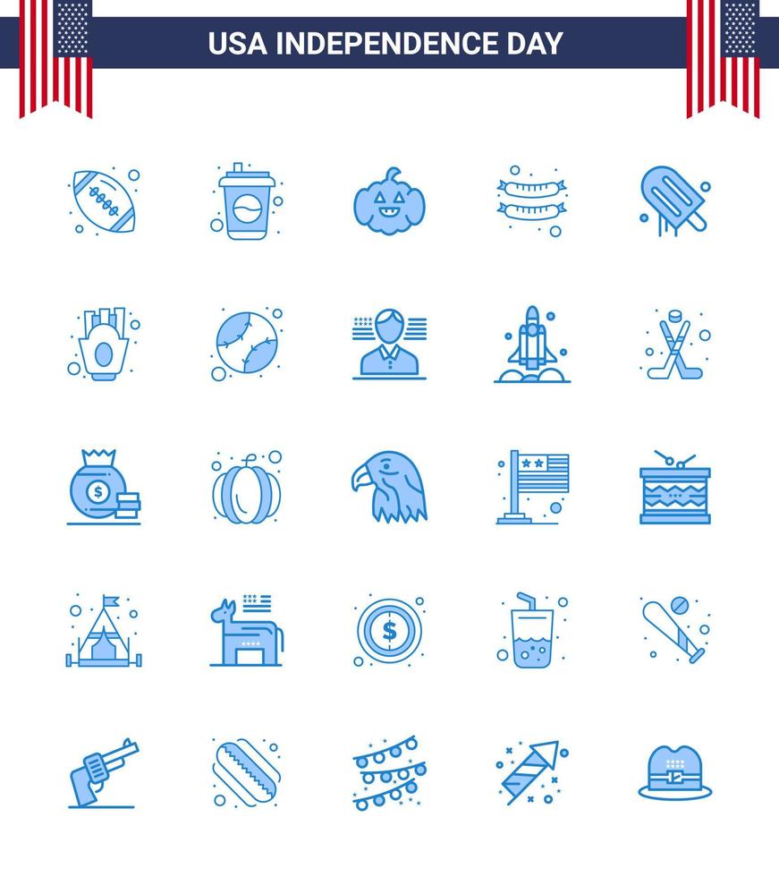 Blue Pack of 25 USA Independence Day Symbols of usa cream pumkin icecream frankfurter Editable USA Day Vector Design Elements