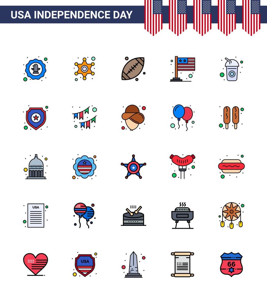 paquete de iconos de vector de stock del día americano 25 signos y símbolos de línea llena plana para botella bandera de signo de policía internacional elementos de diseño de vector de día de estados unidos editables de estados unidos