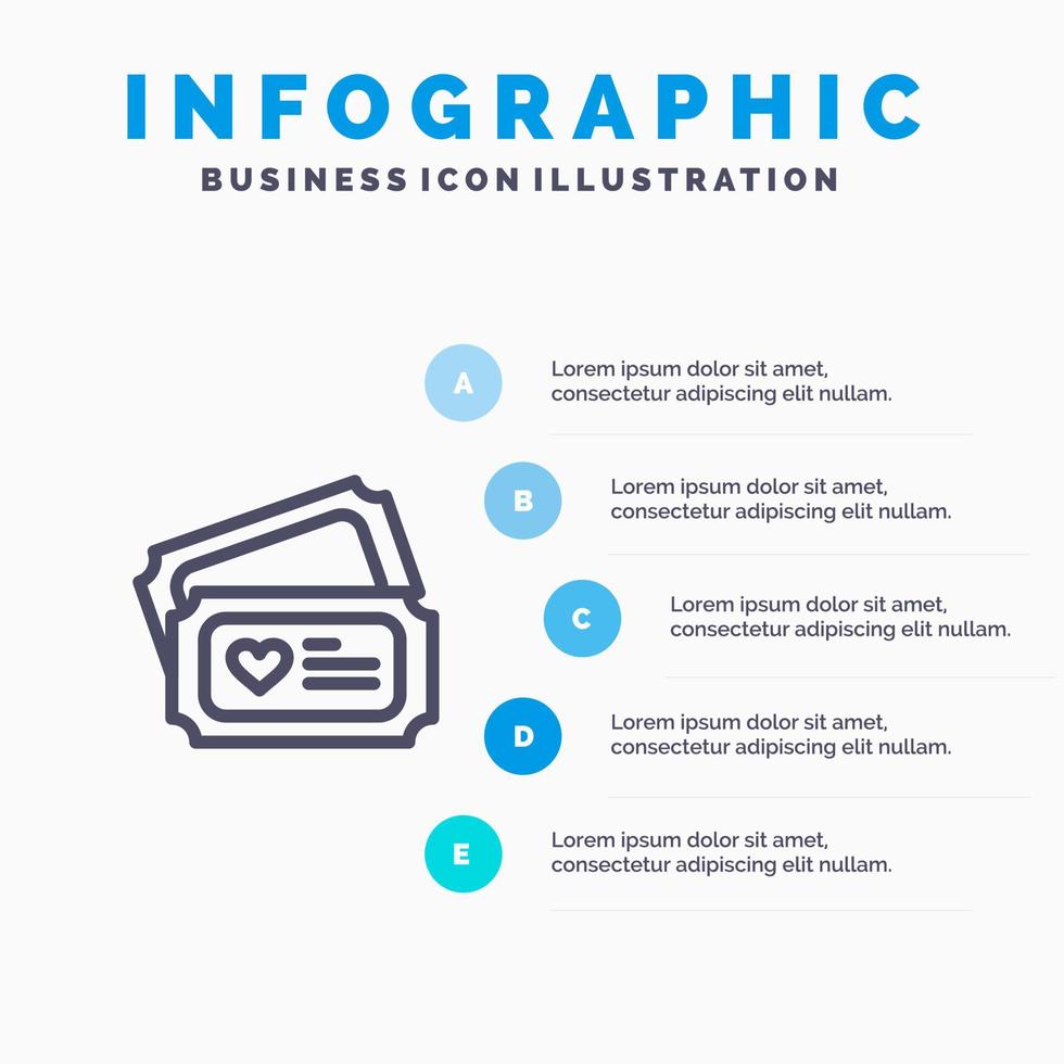 boleto amor corazón boda línea icono con 5 pasos presentación infografía fondo vector