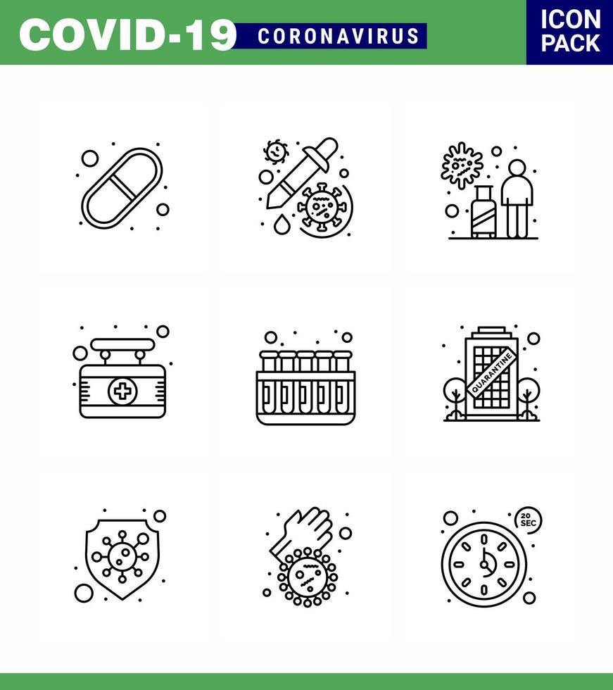 Corona virus disease 9 Line icon pack suck as sign hospital virus board travel viral coronavirus 2019nov disease Vector Design Elements