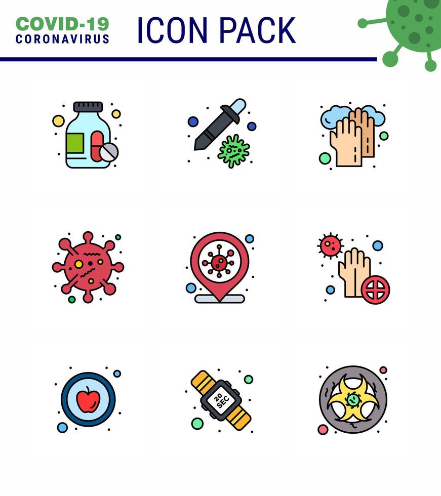 icono de color plano de línea rellena de coronavirus 9 establecido sobre el tema de la epidemia de corona contiene iconos como covid ubicación manos corona virus error coronavirus viral 2019nov enfermedad vector elementos de diseño