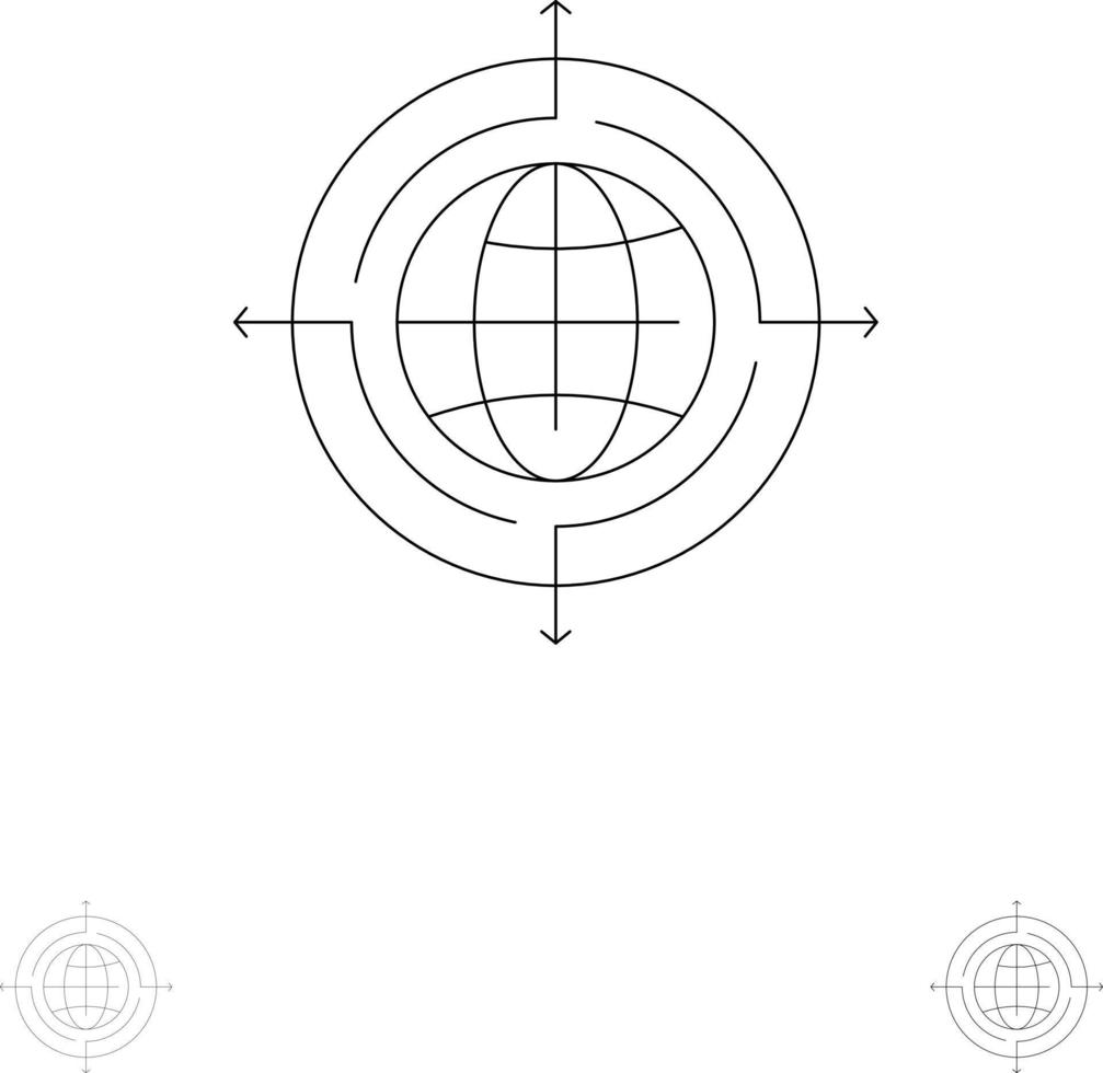 objetivo de foco de globo conectado conjunto de iconos de línea negra en negrita y delgada vector