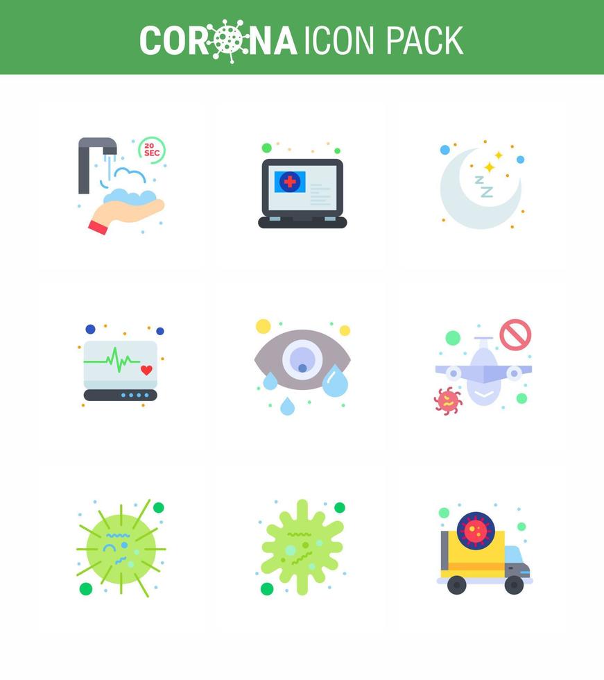 Corona virus 2019 and 2020 epidemic 9 Flat Color icon pack such as eye medical monitor moon supervision emergency viral coronavirus 2019nov disease Vector Design Elements