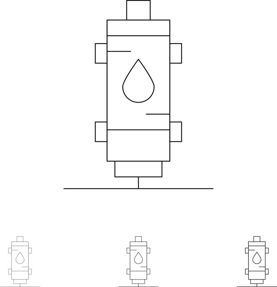 calentador agua calor gas caliente géiser audaz y delgada línea negra conjunto de iconos vector