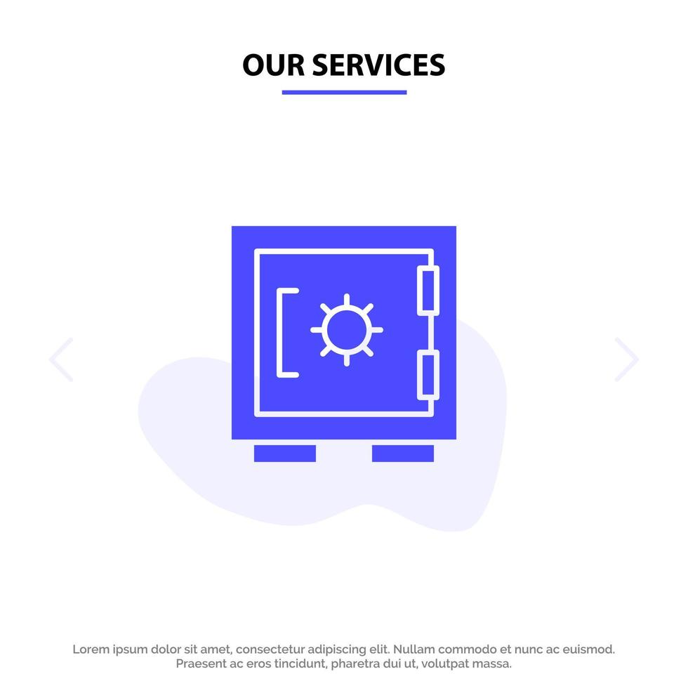 Our Services Lock Locker Security Secure Solid Glyph Icon Web card Template vector