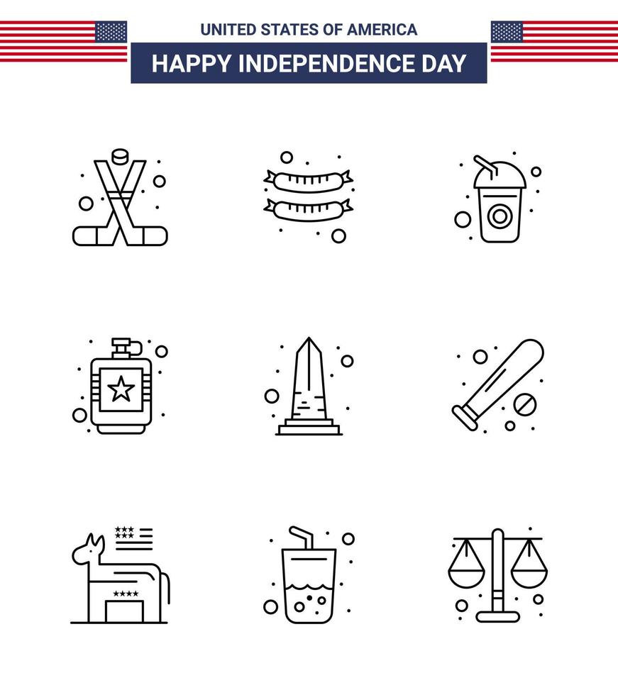 9 USA Line Signs Independence Day Celebration Symbols of landmark hip bottle flask alcoholic Editable USA Day Vector Design Elements