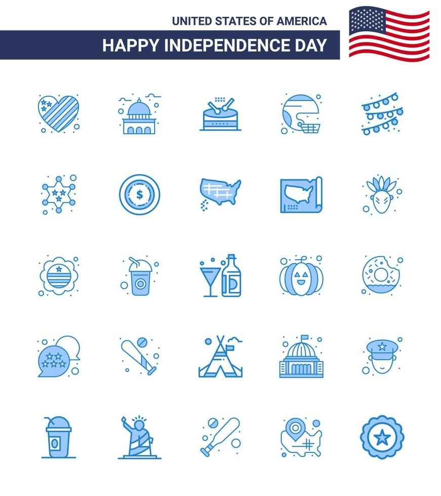 Set of 25 Vector Blues on 4th July USA Independence Day such as state helmet white football parade Editable USA Day Vector Design Elements