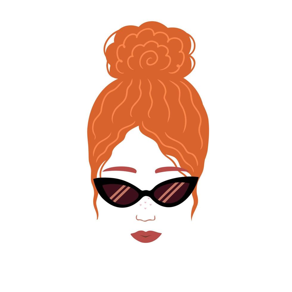 chica rizada roja con gafas de sol retro. ilustración para fondos, portadas y empaques. la imagen se puede utilizar para tarjetas de felicitación, carteles, pegatinas y textiles. aislado sobre fondo blanco. vector