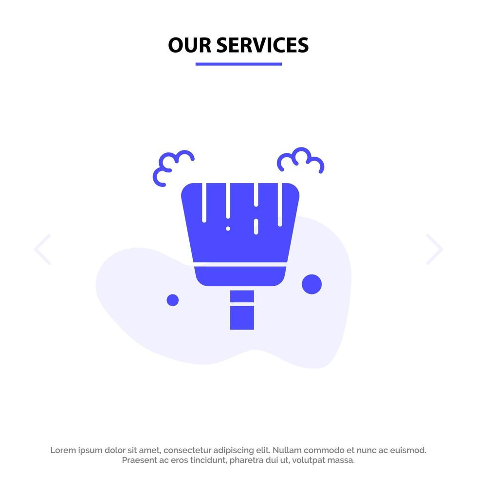 nuestros servicios escoba recogedor barrer icono de glifo sólido plantilla de tarjeta web vector