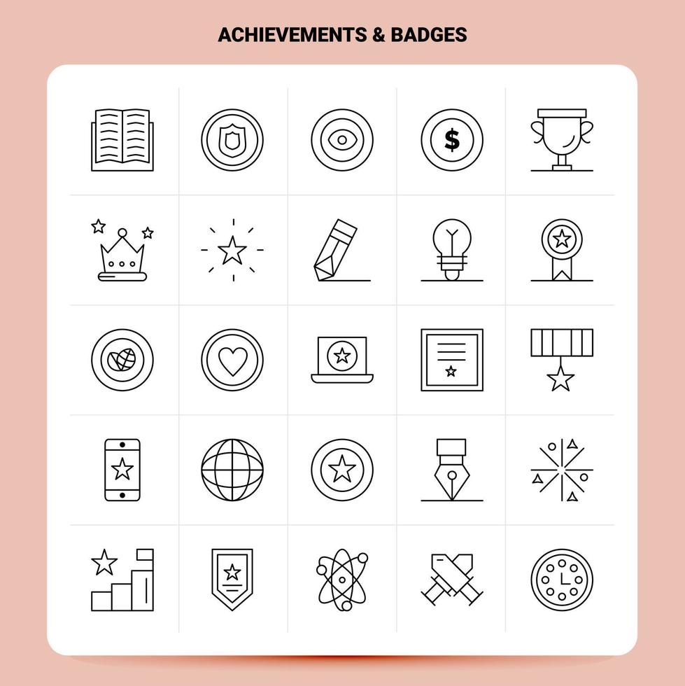 OutLine 25 Achievements Badges Icon set Vector Line Style Design Black Icons Set Linear pictogram pack Web and Mobile Business ideas design Vector Illustration