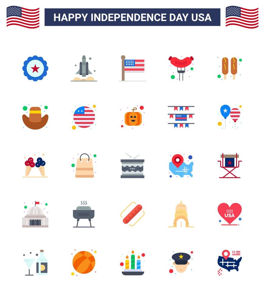 Group of 25 Flats Set for Independence day of United States of America such as hot dog sausage usa frankfurter usa Editable USA Day Vector Design Elements