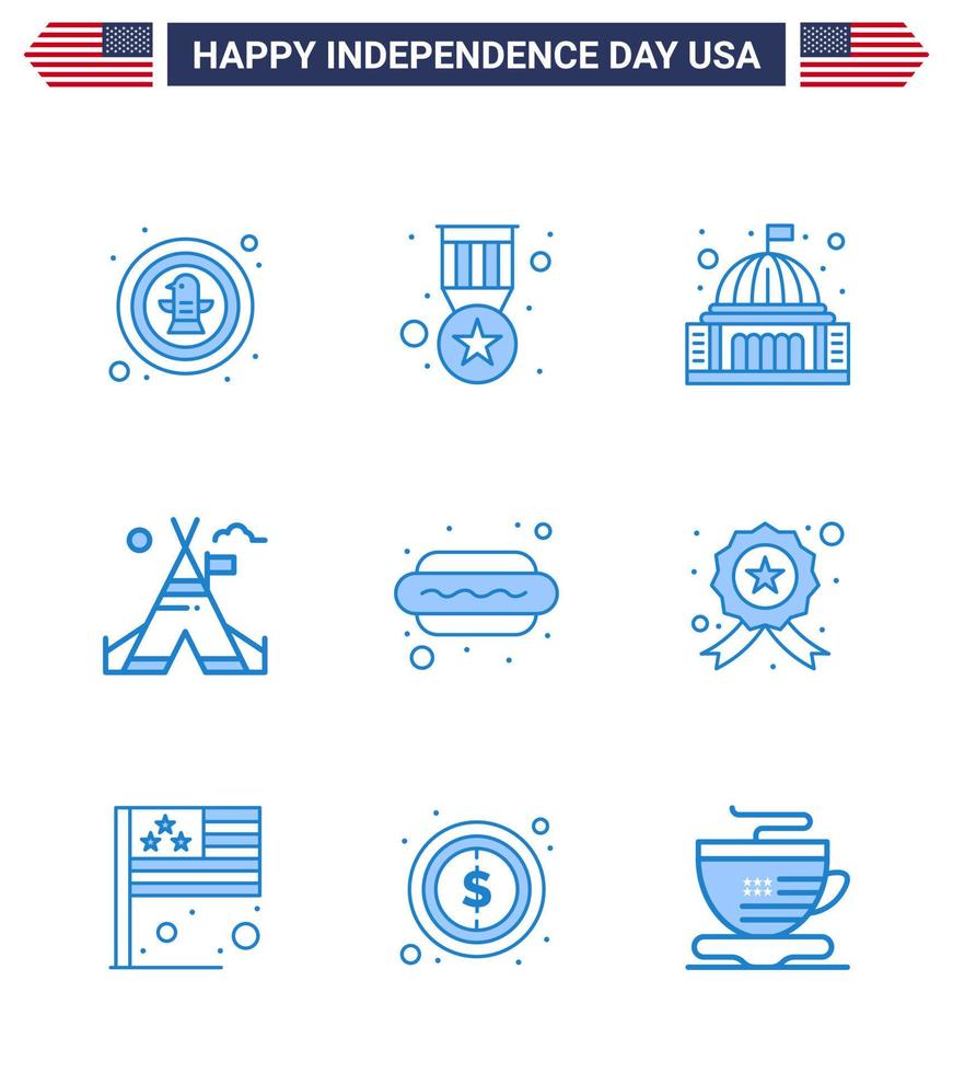 Happy Independence Day Pack of 9 Blues Signs and Symbols for american tent military tent free landmark Editable USA Day Vector Design Elements