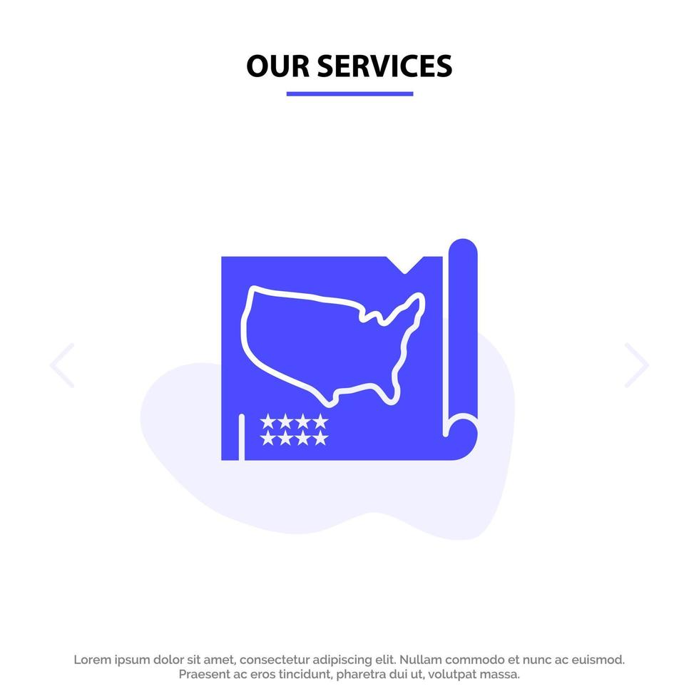 nuestros servicios mapa estados unidos ee.uu. icono de glifo sólido plantilla de tarjeta web vector