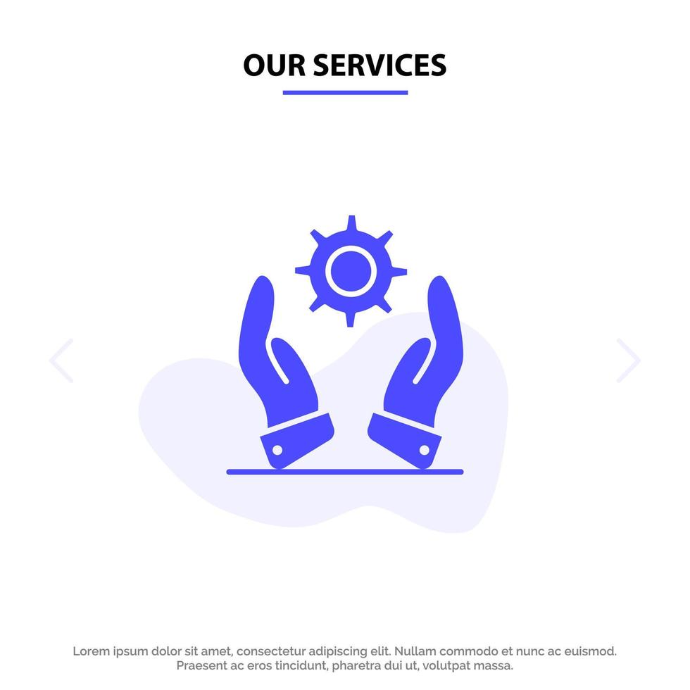 nuestros servicios desarrollo empresarial soluciones modernas icono de glifo sólido plantilla de tarjeta web vector