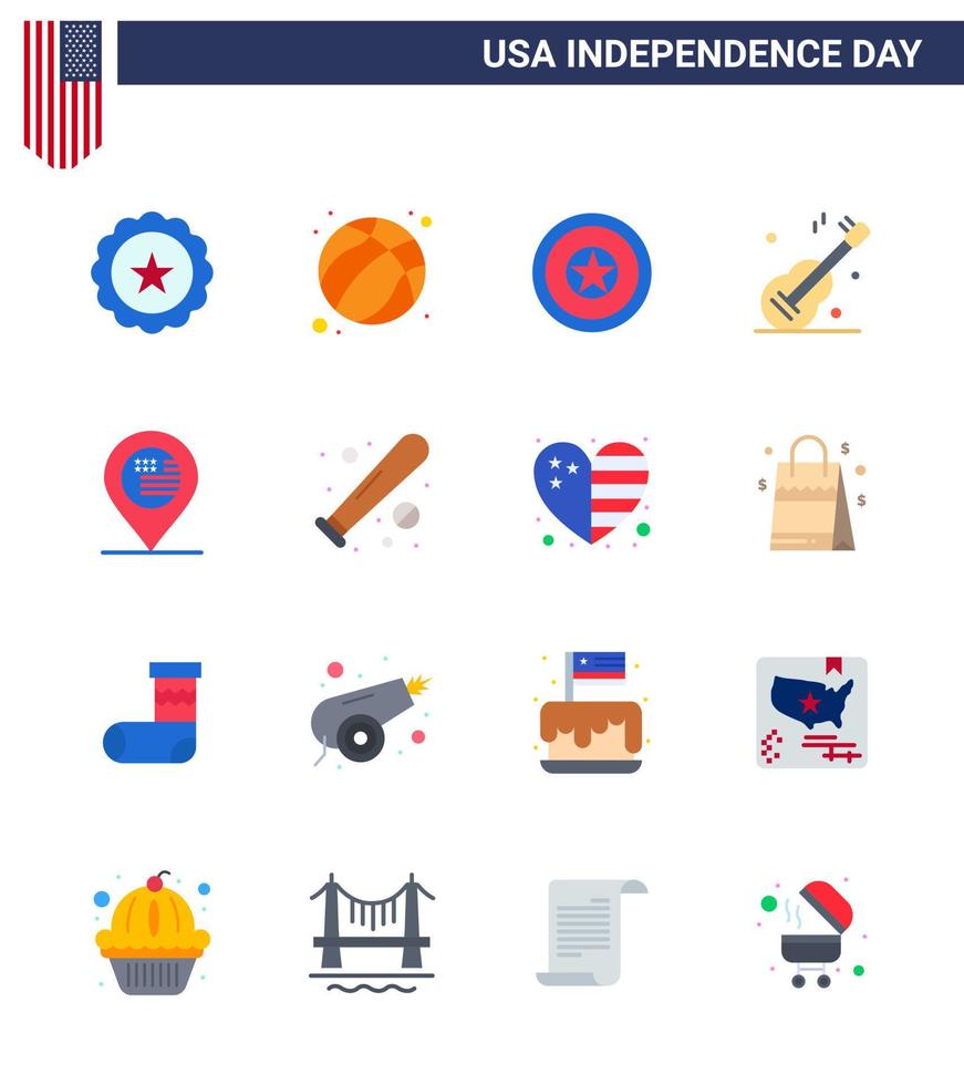 Flat Pack of 16 USA Independence Day Symbols of location american holiday usa guiter Editable USA Day Vector Design Elements