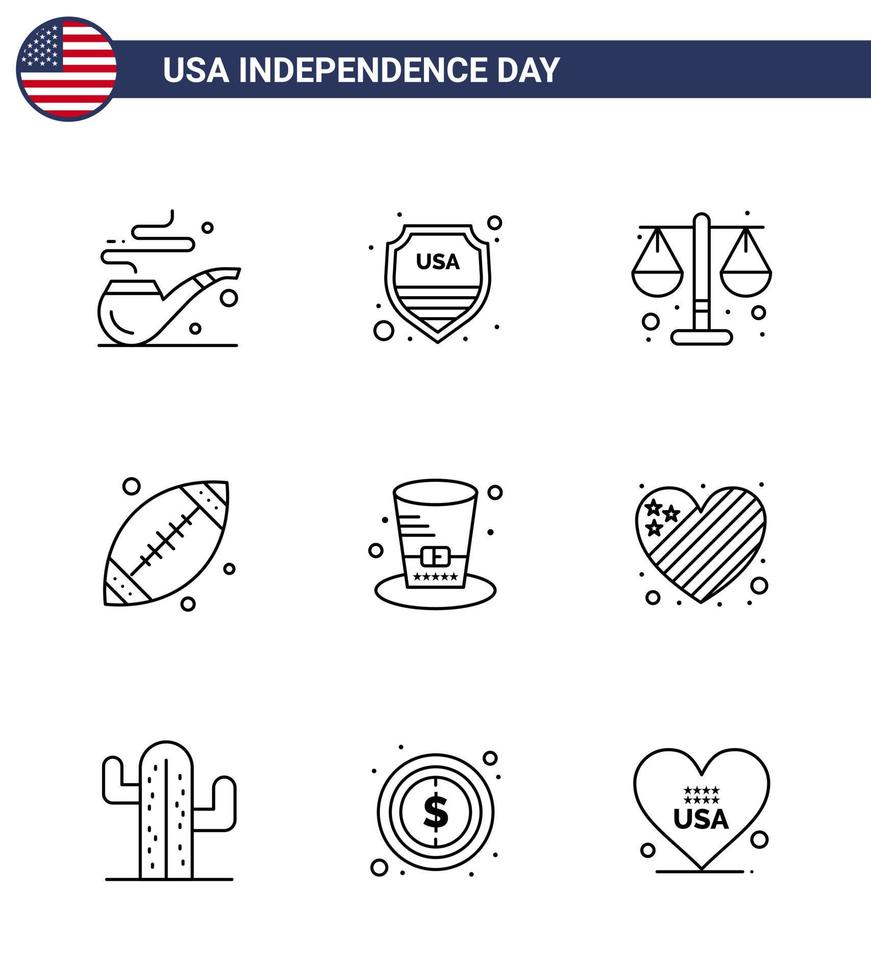 Happy Independence Day 9 Lines Icon Pack for Web and Print presidents day justice usa footbal Editable USA Day Vector Design Elements
