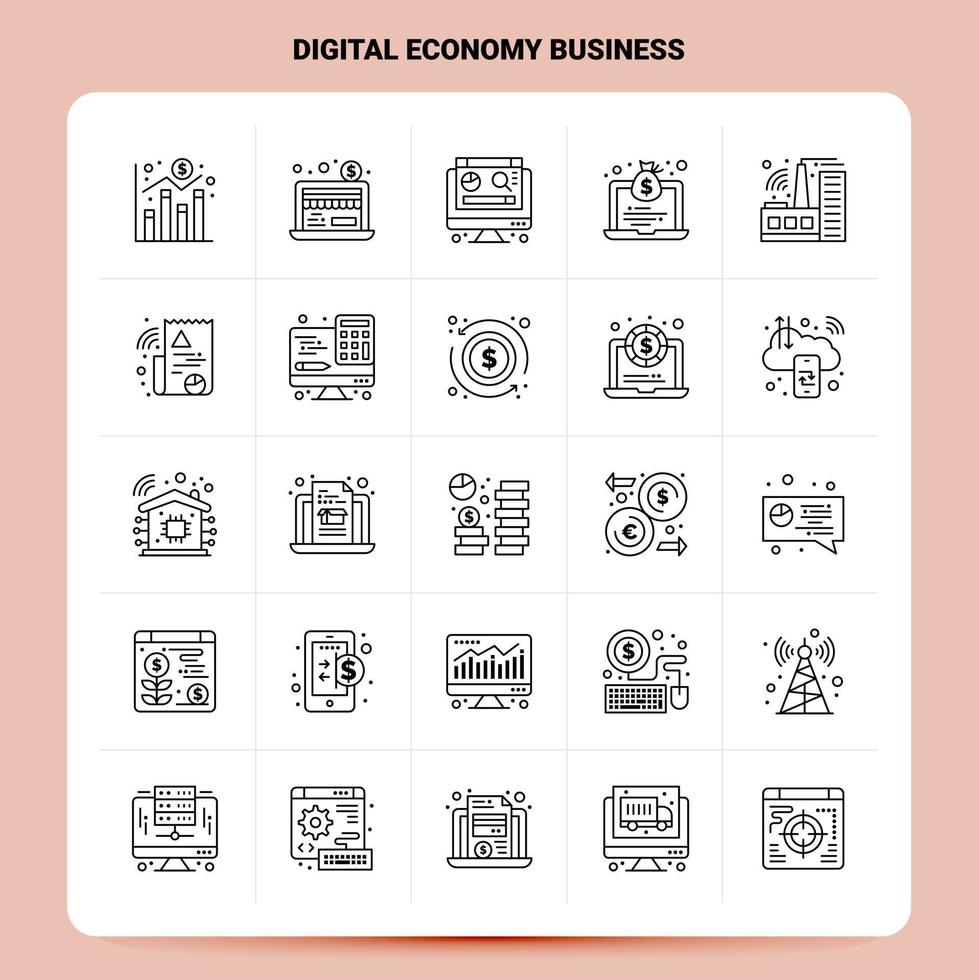 OutLine 25 Digital Economy Business Icon set Vector Line Style Design Black Icons Set Linear pictogram pack Web and Mobile Business ideas design Vector Illustration