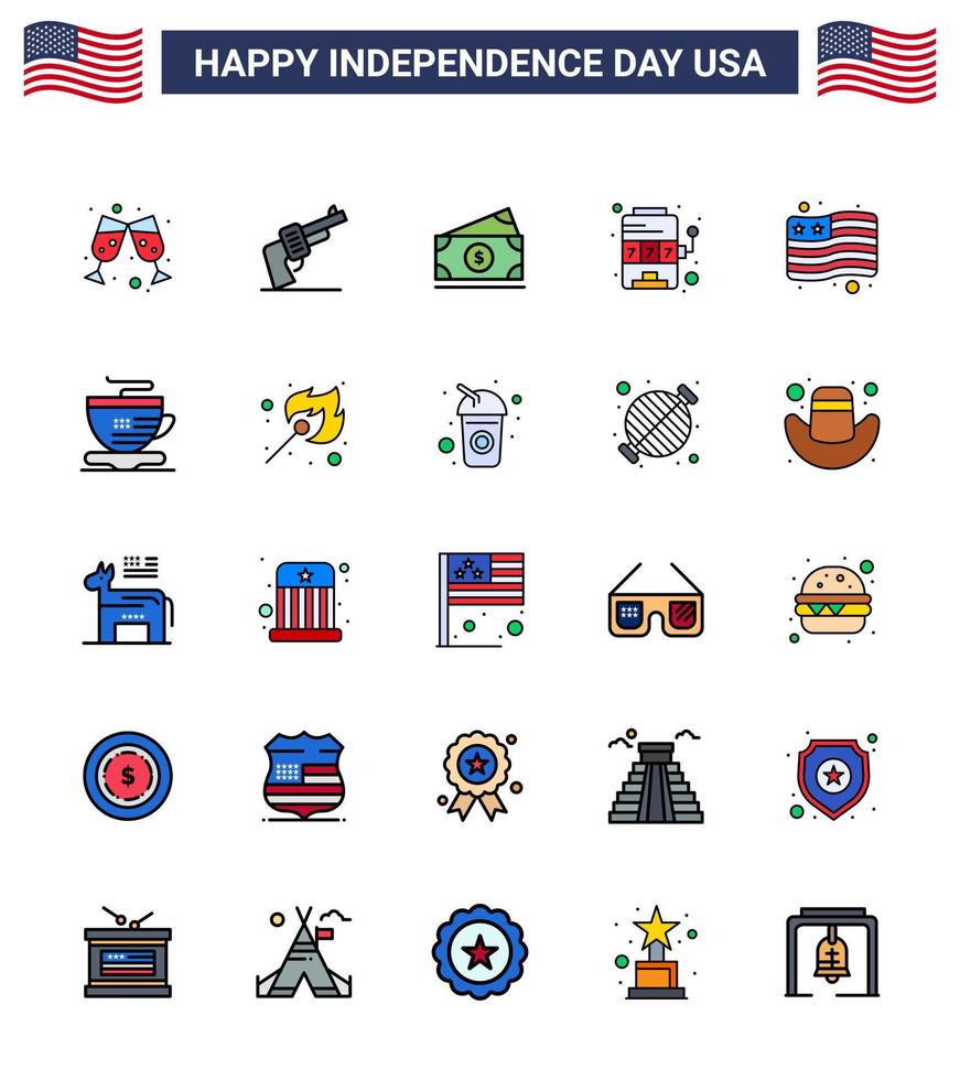 Big Pack of 25 USA Happy Independence Day USA Vector Flat Filled Lines and Editable Symbols of usa country money game machine Editable USA Day Vector Design Elements