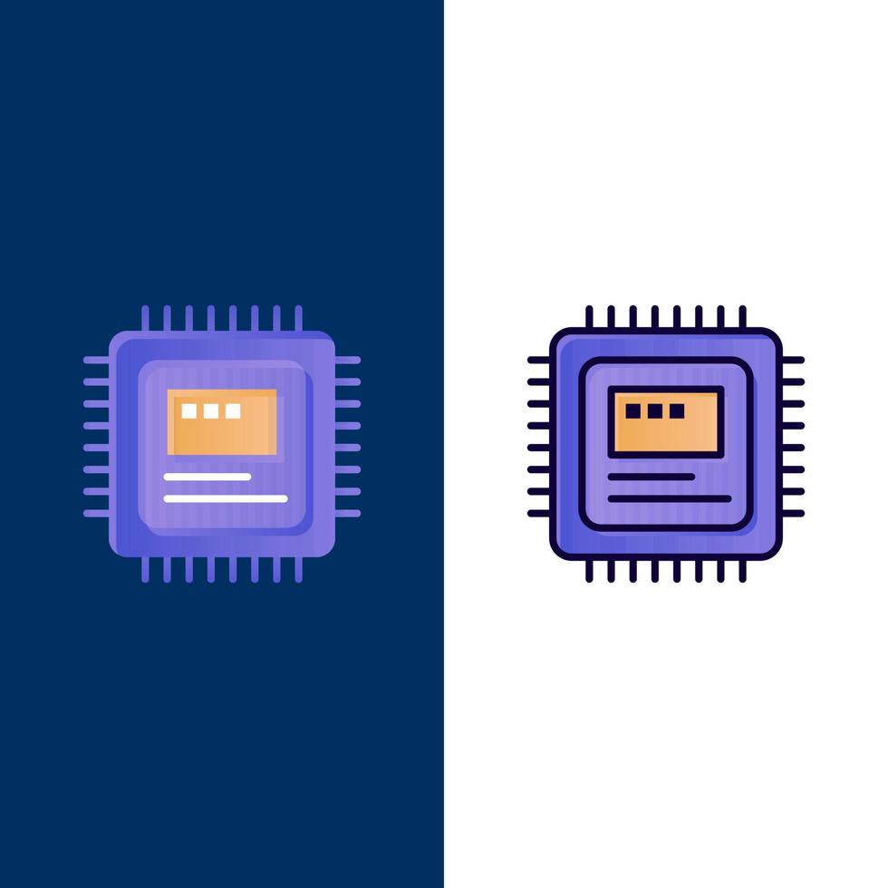 iconos de hardware de computadora de almacenamiento de cpu plano y conjunto de iconos llenos de línea vector fondo azul